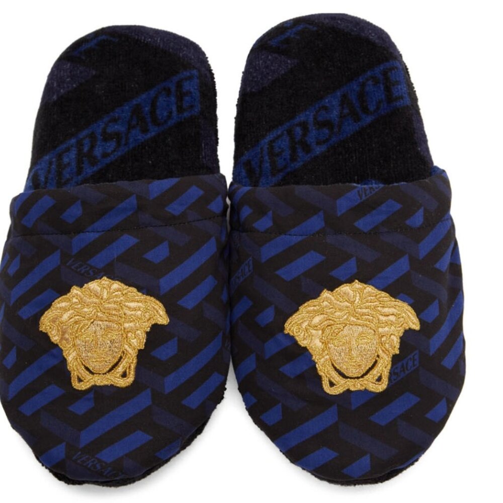 Versace Black & Blue La Greca Slippers